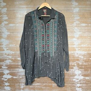Johnny Was Embroidered Pleated Button Down Blouse Boho Artsy Preppy Womens S